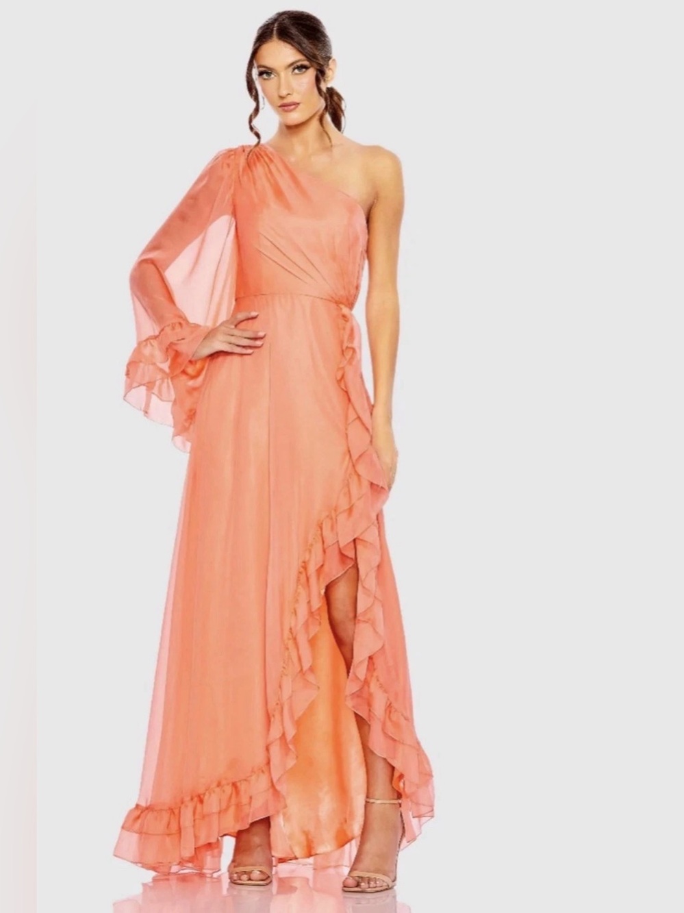 Mac Duggal Women's One Sleeve Ruffled Hem Gown Size 12 NWT